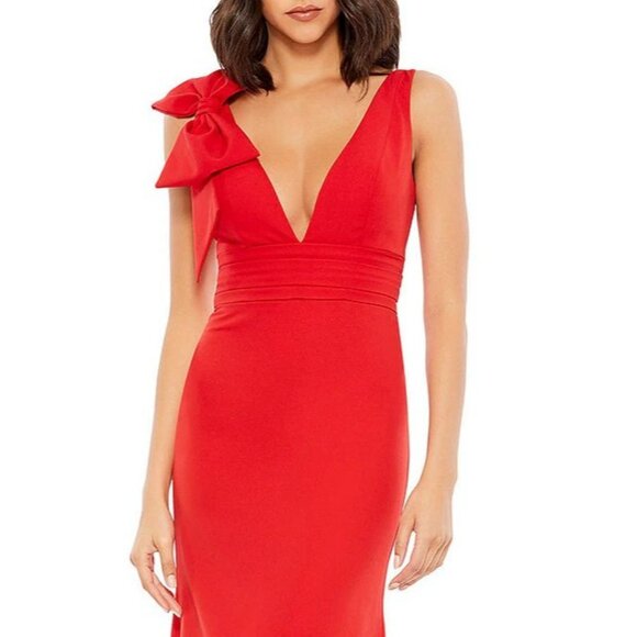 NWT $298 MAC DUGGAL RED V NECK BOW SHOULDER MERMAID GOWN STYLE 49454 SIZE 8 - Picture 4 of 8